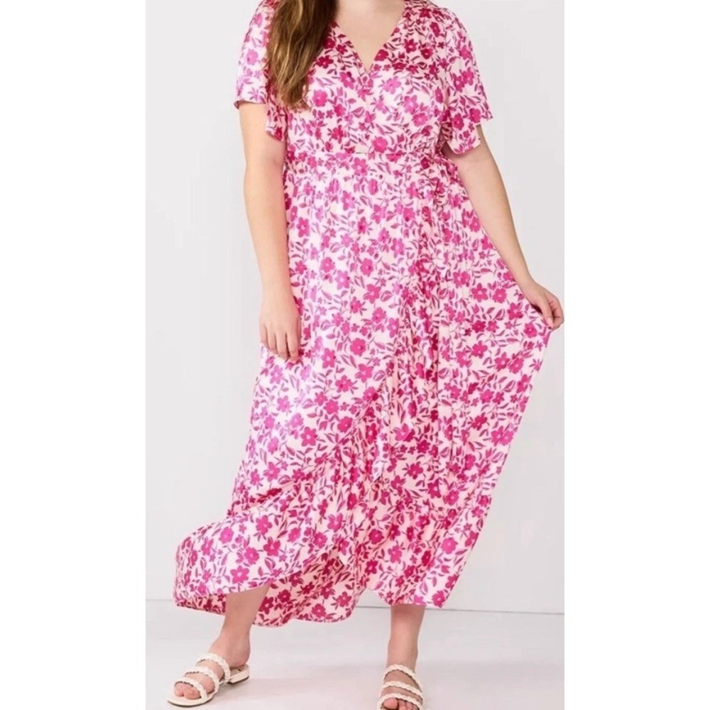 DRAPER JAMES RSVP FLUTTER SLEEVE FAUX WRAP MAXI DRESS SZ XL Pink White Floral